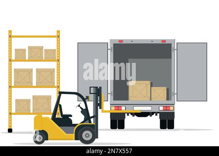 a large warehouse with shelves and boxes for goods and parcels by yellow forklift and truck Stock Vector