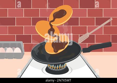 a pancake in a frying pan in the kitchen preparing delicious big ones on a butter dish vector illustration Stock Vector