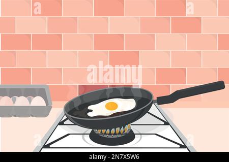 a scrambled eggs are fried in a pan on a gas stove in the morning for breakfast Stock Vector
