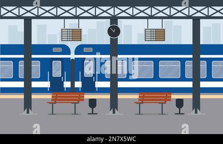 a blue passenger train at train station train station in city Stock Vector
