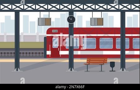 a red passenger train at train station train station in city Stock Vector
