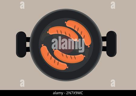 a sausages in a pan fried meat breakfast Stock Vector
