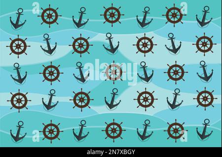 an yacht ship anchor and ship rudder vector illustration sea background Stock Vector