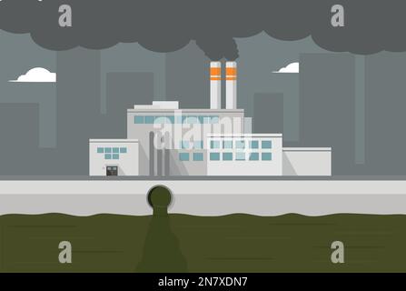 factory with smoke power plant technological building pours dirt into water radioactive pollution Stock Vector