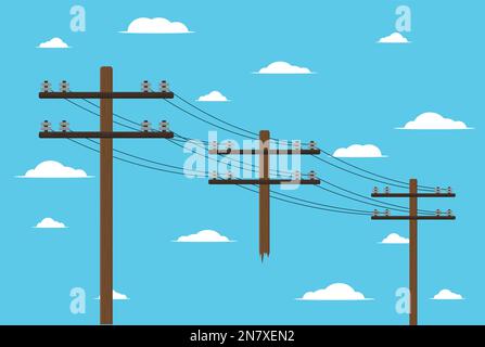 wooden pole with high voltage wires on sky background vector illustration of electrician Stock Vector