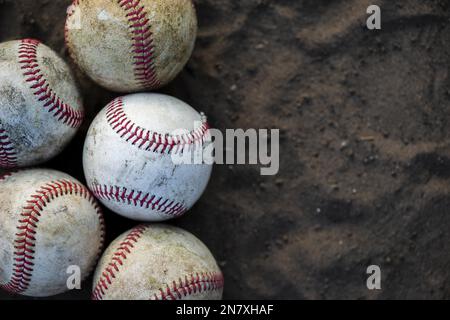 close up dirty baseballs with copy space Stock Photo