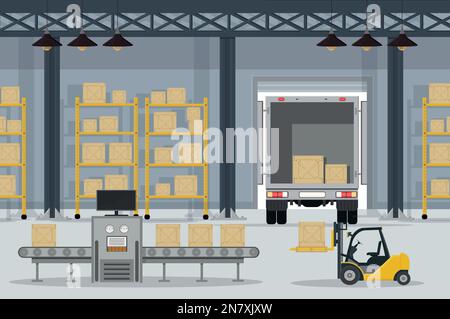 a warehouse of store goods or a postal warehouse with a conveyor belt and boxes Stock Vector