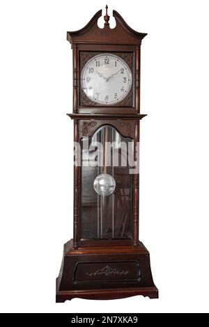 Grandfather Clock. old wooden tall large home clock vintage style isolated on white background. Stock Photo