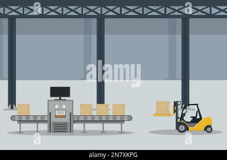 a warehouse of store goods or a postal warehouse with a conveyor belt and boxes Stock Vector