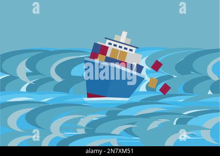 cargo boat with containers in a storm in the ocean Stock Vector