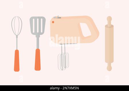 a mixer rolling pin spatula and whisk for cooking kitchen utensils Stock Vector