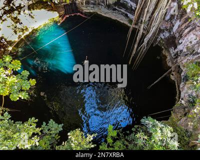 Aerial of Cenote Oxman, Valladolid, Yucatan, Mexico Stock Photo