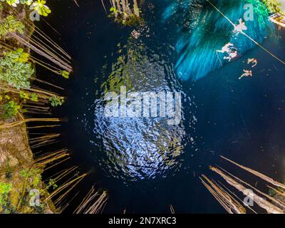 Aerial of Cenote Oxman, Valladolid, Yucatan, Mexico Stock Photo