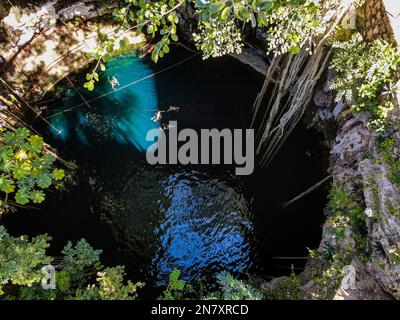 Aerial of Cenote Oxman, Valladolid, Yucatan, Mexico Stock Photo