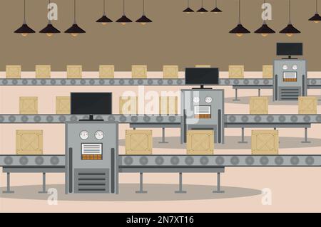 conveyor belt at the post office or factory with boxes of products Stock Vector