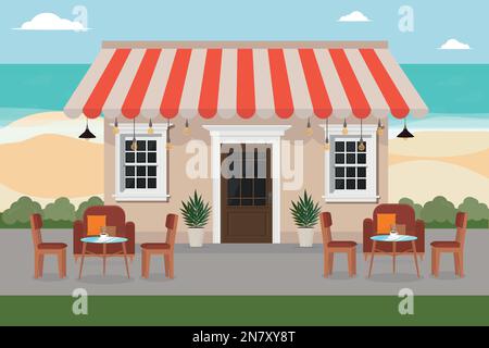 restaurant cafe on the beach by the sea with a table and chairs Stock Vector