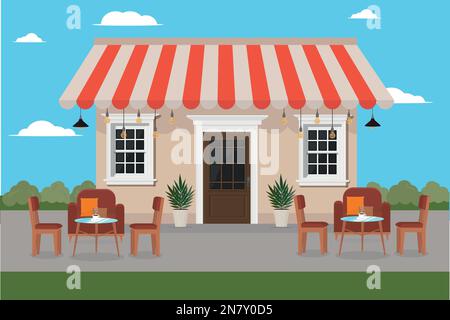 restaurant cafe shop on the road with chairs and a table Stock Vector