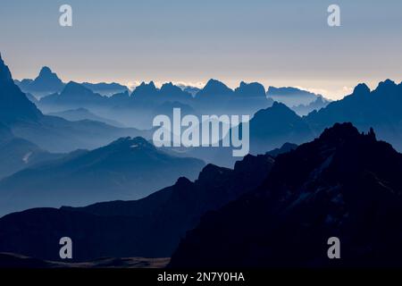 View from Sass Pordoi, 2925 m, layers of mountains, Dolomites, South Tyrol, Italy Stock Photo