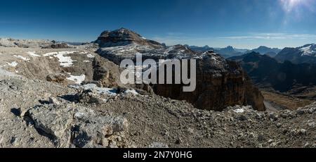 View from Sass Pordoi, 2925 m, Dolomites, South Tyrol, Italy Stock Photo