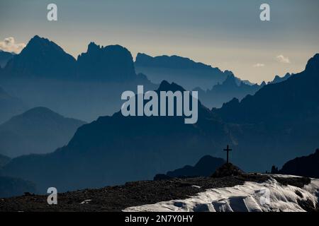 View from Sass Pordoi, 2925 m, layers of mountains, Dolomites, South Tyrol, Italy Stock Photo