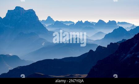 View from Sass Pordoi, 2925 m, layers of mountains, Dolomites, South Tyrol, Italy Stock Photo