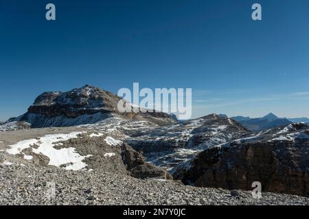 View from Sass Pordoi, 2925 m, Dolomites, South Tyrol, Italy Stock Photo