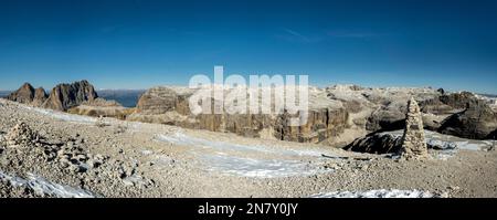 View from Sass Pordoi, 2925 m, stone grave, Dolomites, South Tyrol, Italy Stock Photo