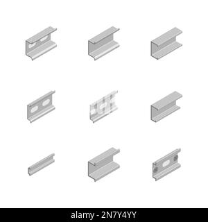 Set of different types of DIN rail on a white background. 3D isometric style, vector illustration. Stock Vector