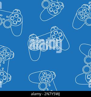 Seamless pattern of game controllers. Vector illustration in hand-drawn outline flat style on blue background Stock Vector