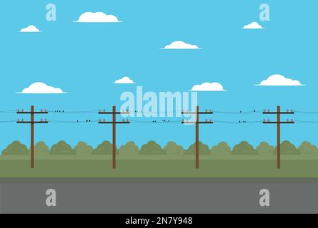 wooden pole with high voltage wires on sky background vector illustration of electrician Stock Vector