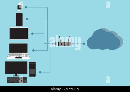 computer devices connect via cloud internet Stock Vector
