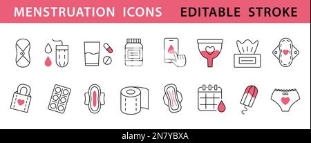 Woman Menstruation line Icons Set Stock Vector
