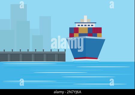 cargo ship at the pier in the city docks with port containers Stock Vector