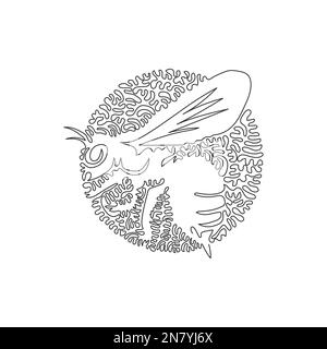 Continuous curve one line drawing of flying bee abstract art in a circle. Single line editable vector illustration of bee barbed stinger for logo Stock Vector