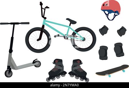 icons for extreme sports consisting of bicycle, scooter, rollers, skate Stock Vector