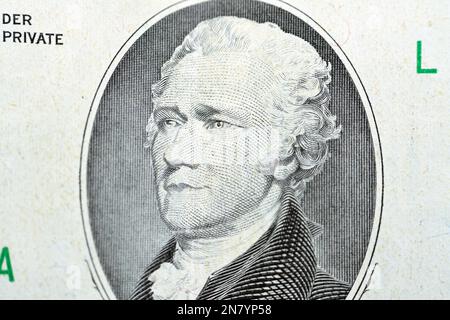 The portrait of Alexander Hamilton, who served as the first U.S. Secretary of the Treasury from the obverse side of old 10 $ ten American dollars bill Stock Photo