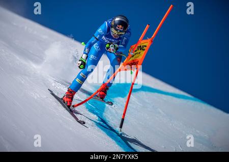 Meribel, France. 11th Feb, 2023. Alpine skiing: World Cup, downhill, women: Sofia Goggia, Italy, threading. Credit: Michael Kappeler/dpa/Alamy Live News Stock Photo