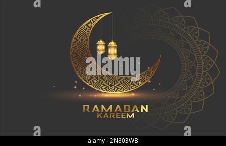 Ramadan greeting card.Crescent Islamic with mosque for Ramadan Kareem and eid mubarak. Golden Half Moon pattern,background. Stock Vector
