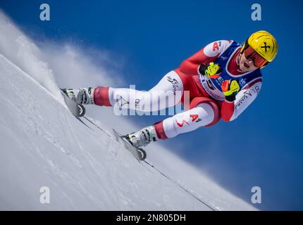 Meribel, France. 11th Feb, 2023. Alpine Skiing: World Championship, Downhill, Women: Nina Ortlieb, Austria, in action. Credit: Michael Kappeler/dpa/Alamy Live News Stock Photo