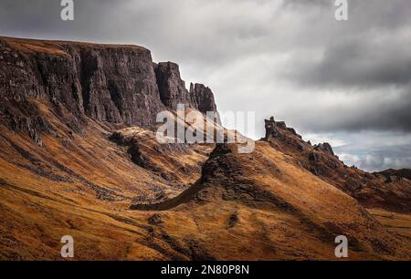 Isle of Skye, Scotland - Dark clouds over the Quiraing on a cloudy spring day at the Scottish Highlands, UK Stock Photo