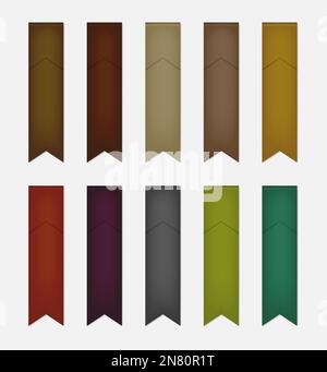 Flag shaped colored bookmark, vector mock-up set. Multicolored folded ribbon labels, template Stock Vector