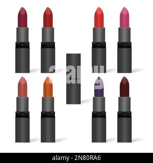 Trendy lip make-up set. Different colors of lipstick in black tube isolated on white background, mock-up Stock Vector