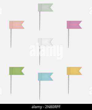 Pastel colored flag shaped map pins, vector mock-up set. Tacks for color coding and categorizing Stock Vector