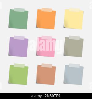 Glued colored note paper sheet, vector mock-up set. Multicolored memo stickers, reminders with opaque duct tape - mockup Stock Vector
