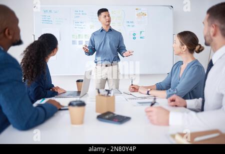 Serious mixed race business manager training and teaching team of colleagues in boardroom. Hispanic businessman using a whiteboard to talk and explain Stock Photo