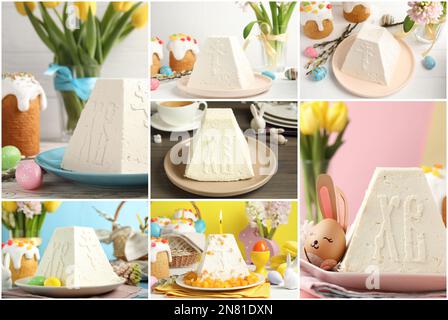 Collage with photos of cheese Easter paskhas Stock Photo