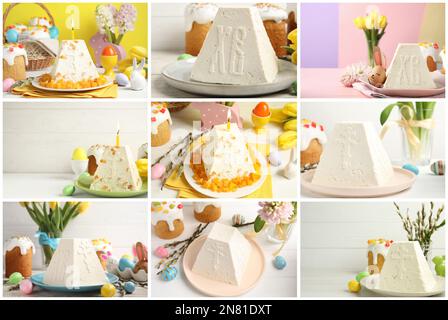 Collage with photos of cheese Easter paskhas Stock Photo