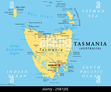 Tasmania, island state of Australia, political map. Located south of the Australian mainland, separated from it by Bass Strait. Stock Photo