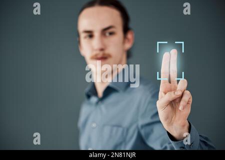 Password, security and fingerprint scan with businessman for future, data and safety mockup. Technology, innovation and digital transformation with Stock Photo