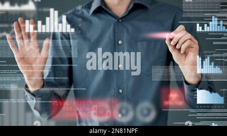 Cyber security, hacker and hands of man and coding for software, augmented reality and phishing. Cloud computing, matrix and website with programmer Stock Photo